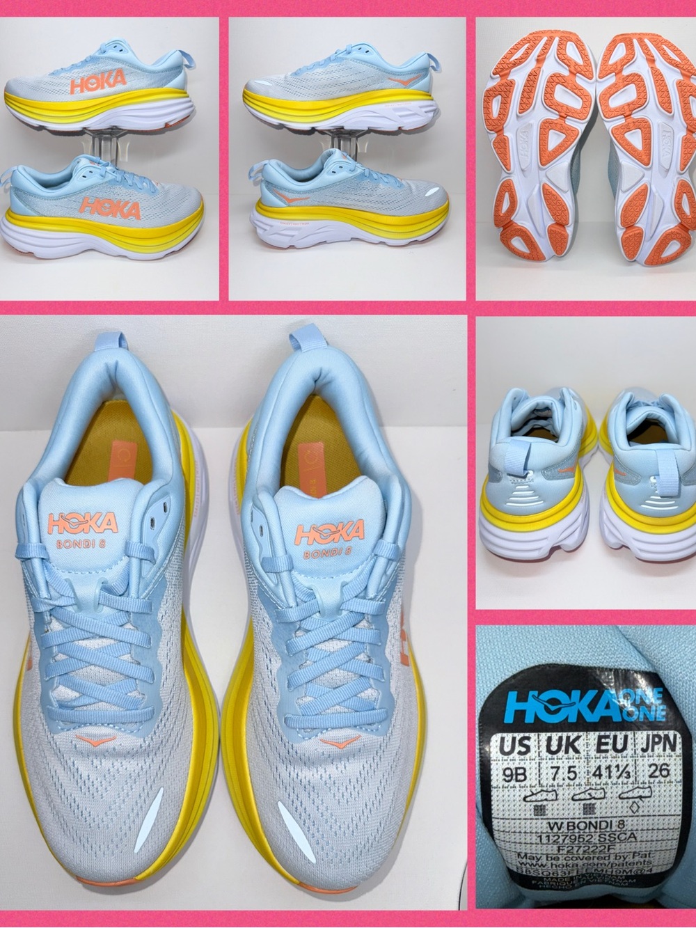Hoka Bondi 8 Sneakers in Light Blue, Yellow & Orange